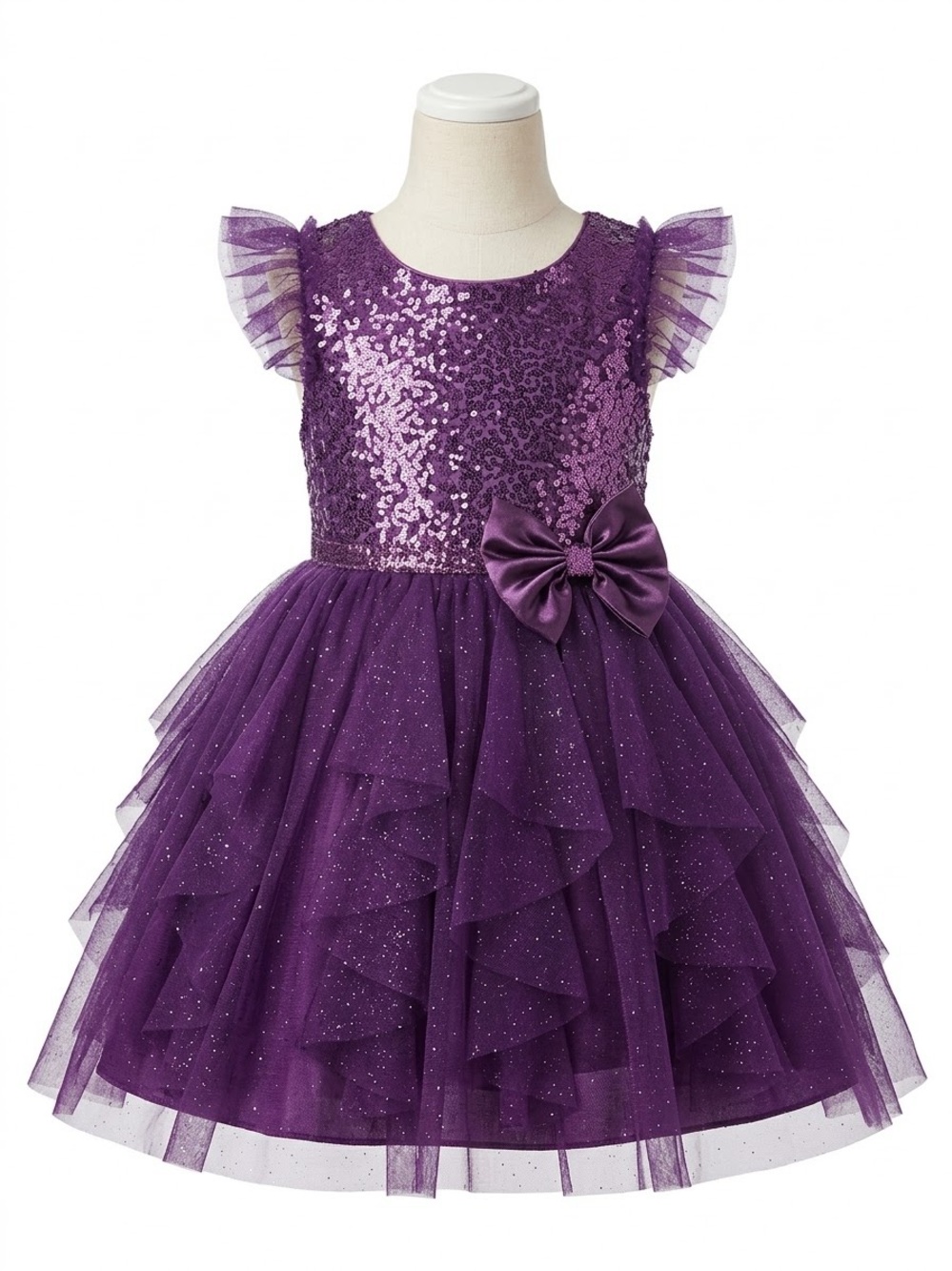 Girls Purple Sequin Tulle Party Dress with Bow